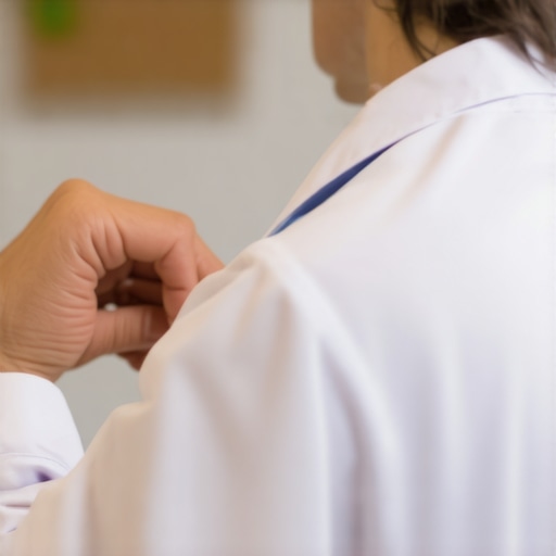 Healthcare worker measuring sleeve length of disposable lab coat