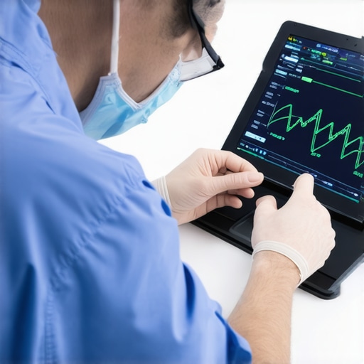 Technician performing calibration on medical equipment with digital interface.