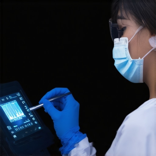 Healthcare professional assessing high-tech medical equipment.