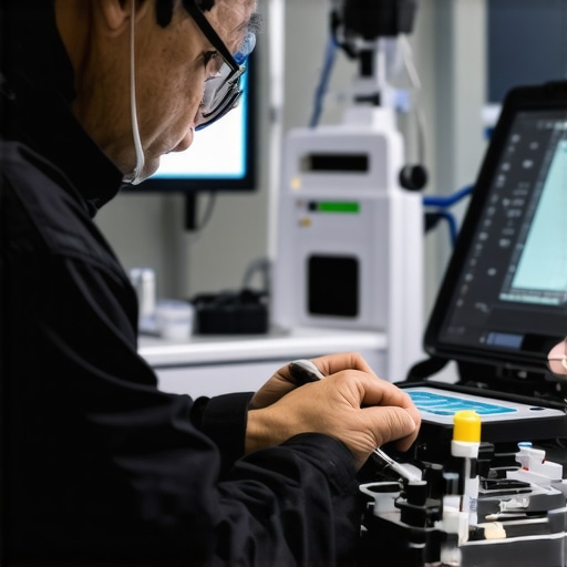 Technician calibrating and inspecting a medical device using specialized tools.