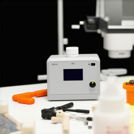 Technician calibrating a medical device in a clinical setting.