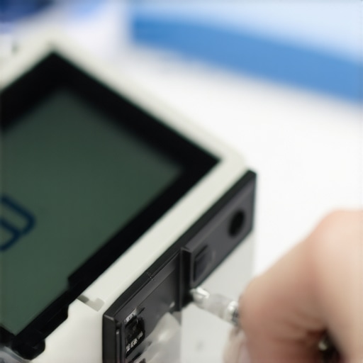 Medical Equipment Calibration Technician performing calibration on sophisticated medical device using digital software.