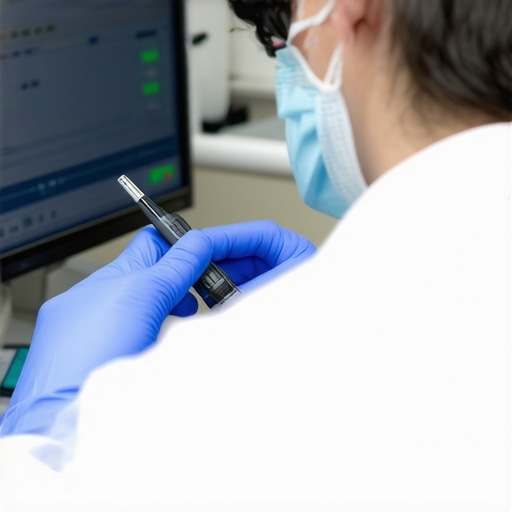 Technician calibrating medical device with professional tools in clinical environment.