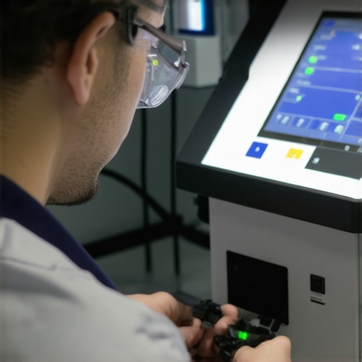 Technician calibrating medical device using digital tools in healthcare facility