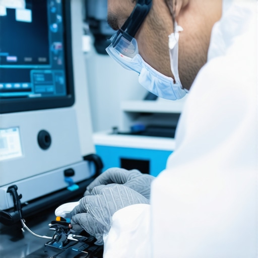 Technician calibrating and maintaining modern medical devices in a hospital setting.