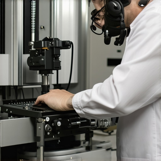 Medical Equipment Maintenance Technician using specialized tools to calibrate and clean medical devices in a hospital lab.