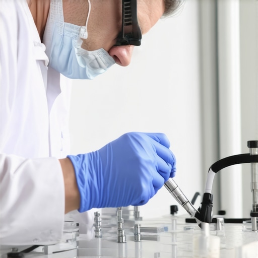 Technician performing routine maintenance on medical equipment in a healthcare facility.