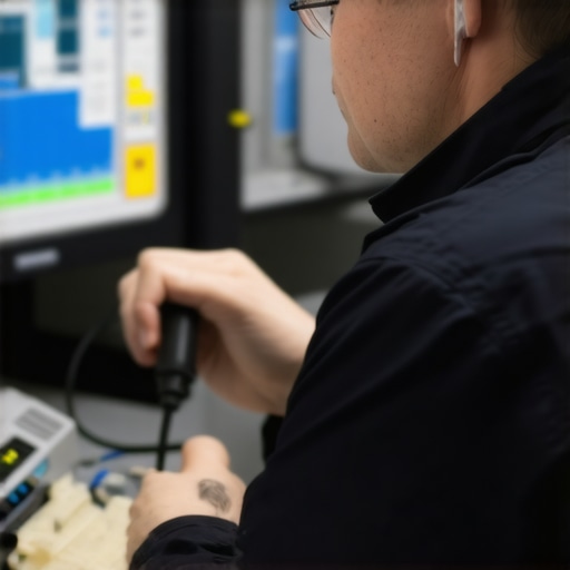 Technician performing firmware update on medical device with diagnostic scanner