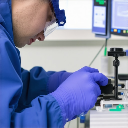 A technician calibrating a medical device using specialized tools