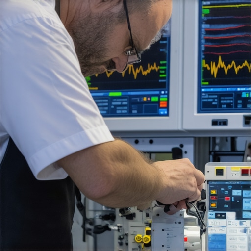Technician inspecting and calibrating medical devices using diagnostic software.