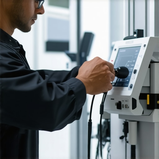 Technician using digital diagnostic tools for medical device maintenance