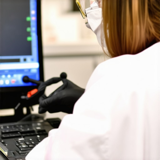 Technician calibrating and maintaining medical devices in a healthcare facility.