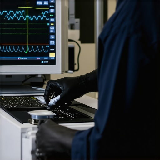 Medical Equipment Maintenance in Action Technician calibrating a modern hospital monitor to ensure accuracy and reliability.