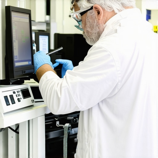 Technician calibrating and maintaining specialized medical devices during routine check-up.