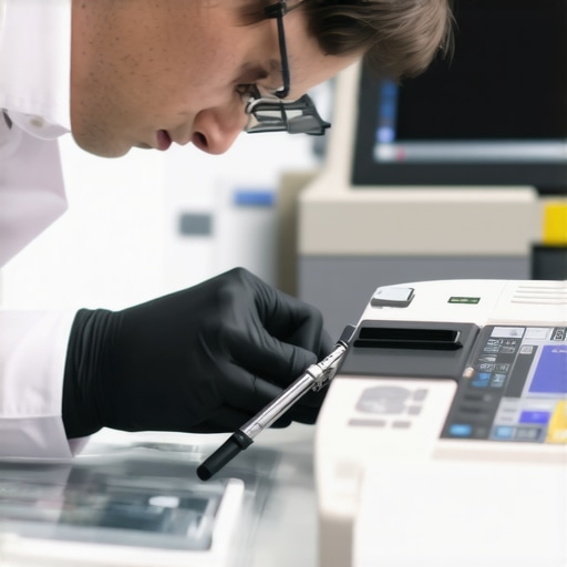 Technician using digital calibration tools on medical devices.