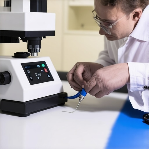 Technician calibrating medical equipment with precision tools