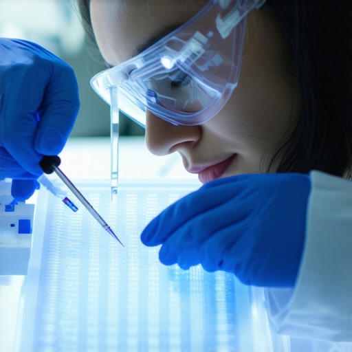 Scientist handling a microfluidic device with sensors in a laboratory setting.
