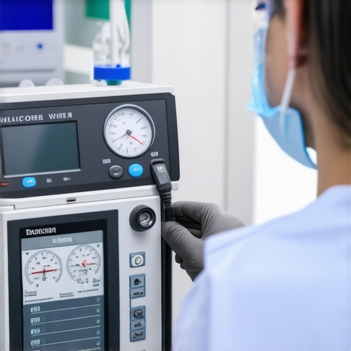 Healthcare worker calibrating medical device using digital gauges for maintenance.