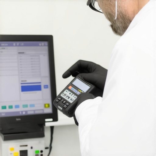 Technician performing calibration on medical device with digital multimeter in hospital