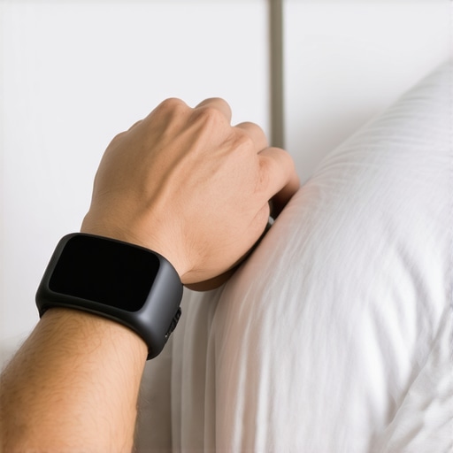 Close-up of a wrist with a sleep sensor device for monitoring sleep patterns.