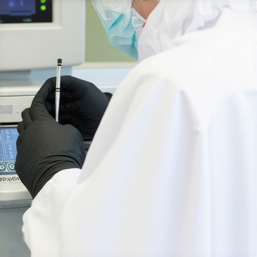 Healthcare technician using calibration tools on medical equipment in a clinical lab