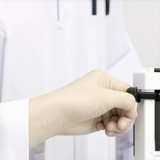 Technician calibrating medical device with specialized tools in a clinic environment.