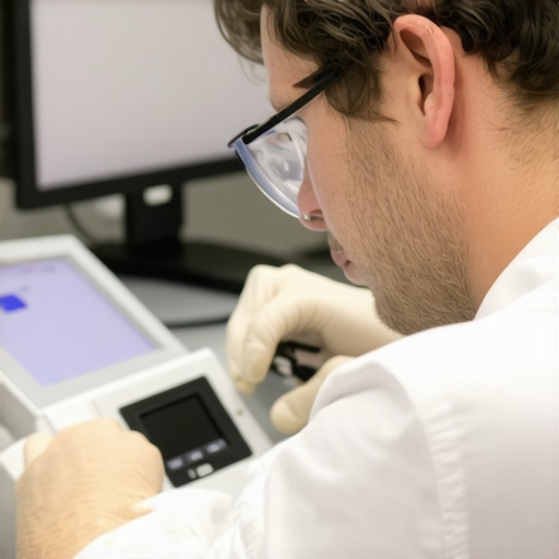 Technician calibrating a medical monitor with a digital tool in a hospital environment