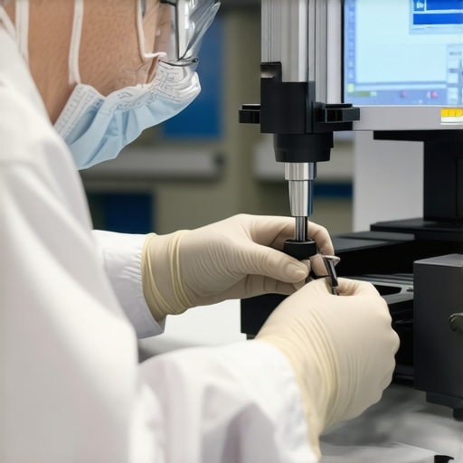 Precision Calibration of Medical Equipment Technician performing calibration on a medical instrument with specialized tools.