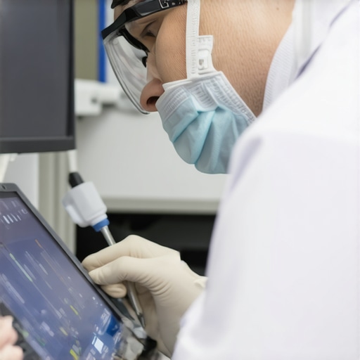 Technician calibrating medical equipment with digital tools in a hospital.