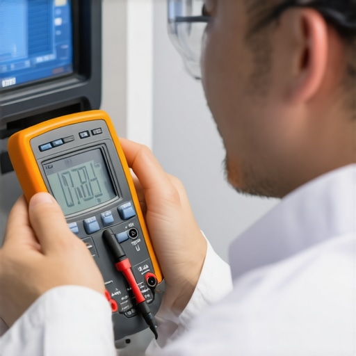 Technician inspecting medical device with a digital multimeter in a laboratory