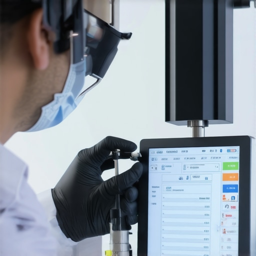 Technician calibrating modern medical equipment with digital tools