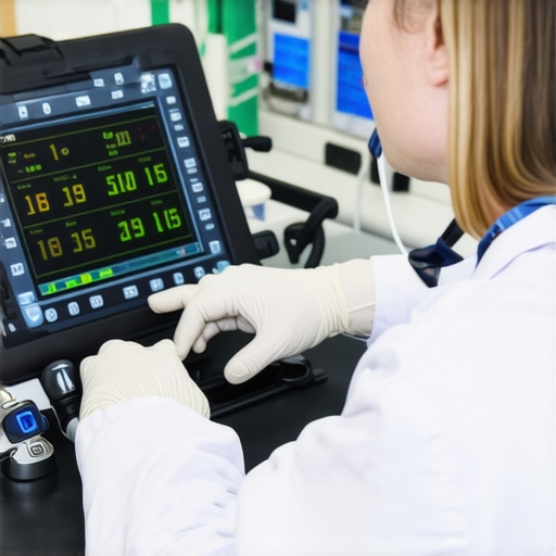 Technician inspecting medical equipment with diagnostic tools