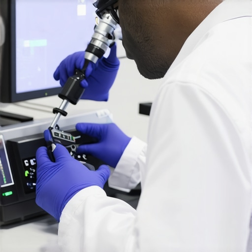 Technician calibrating medical devices with portable analyzers in a sterile lab environment.