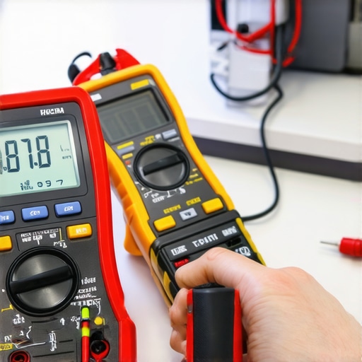 Technician using digital multimeter to calibrate medical devices during routine maintenance