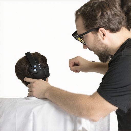 Tech installs wireless EEG headset on patient with clear electrodes and calibration process.