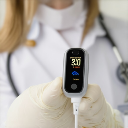 Healthcare worker sanitizing a pulse oximeter with disinfectant in a clinical environment.