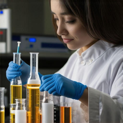 Technician configuring smart beakers connected to digital systems in a high-tech lab.