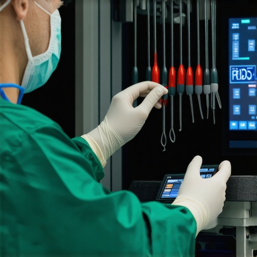 Technician scanning surgical tools into a digital RFID-enabled cabinet in an operating room.