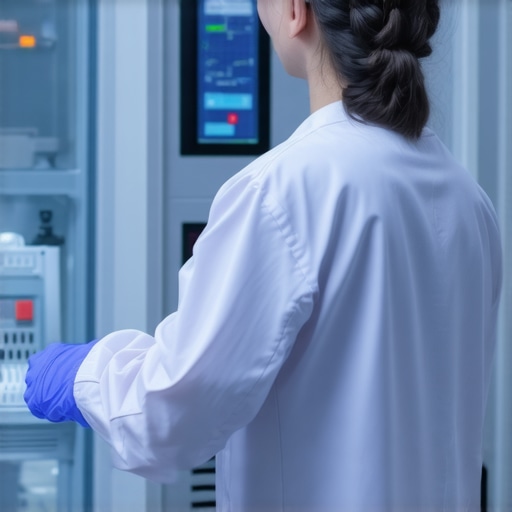 Laboratory technician installing a smart freezer equipped with digital monitoring in a professional lab environment.