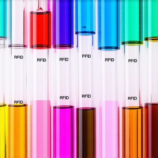 A display of organized smart lab storage vials with RFID tags in a research lab