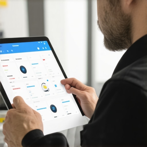 Technician maintaining medical equipment with digital tools in a hospital