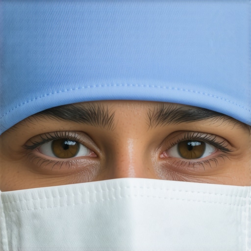 Smart Surgical Scrub Cap with Sensors A close-up image of a high-tech surgical scrub cap featuring sensors and breathable material.