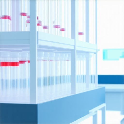 A sleek lab scene showing smart test tube racks with digital displays and organized samples