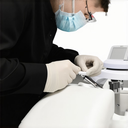Technician inspecting and calibrating dental equipment in a clinical setting.