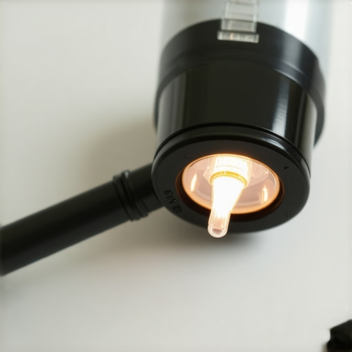 Dental professional measuring curing light output with a radiometer in a clinical setting.