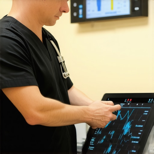 Doctor demonstrating wireless cardiac device to staff in a clinical setting