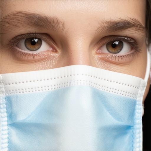 Surgeon analyzing tissue through glasses, wearing an anti-fog mask with adjustable nose clip and ventilation