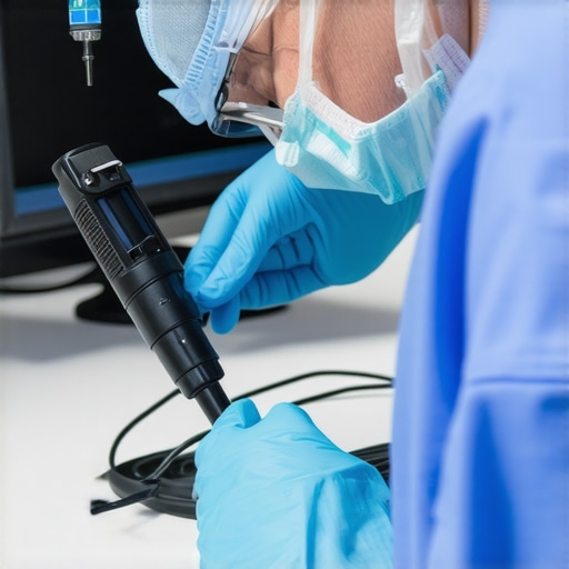 Professional Equipment Calibration A healthcare technician performing calibration on a medical ultrasound probe using a calibration kit