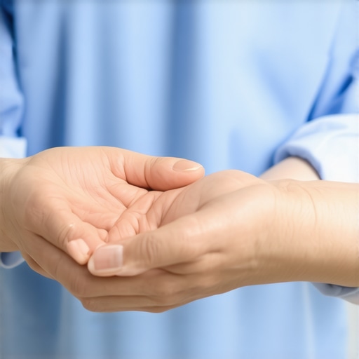 Medical professional applying warm cloth to patient's cold hand to improve pulse oximeter readings