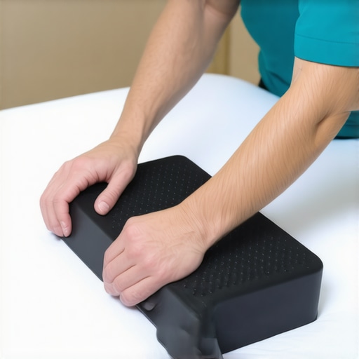 Close-up image showing healthcare worker placing textured grip pad under a wedge on hospital bed